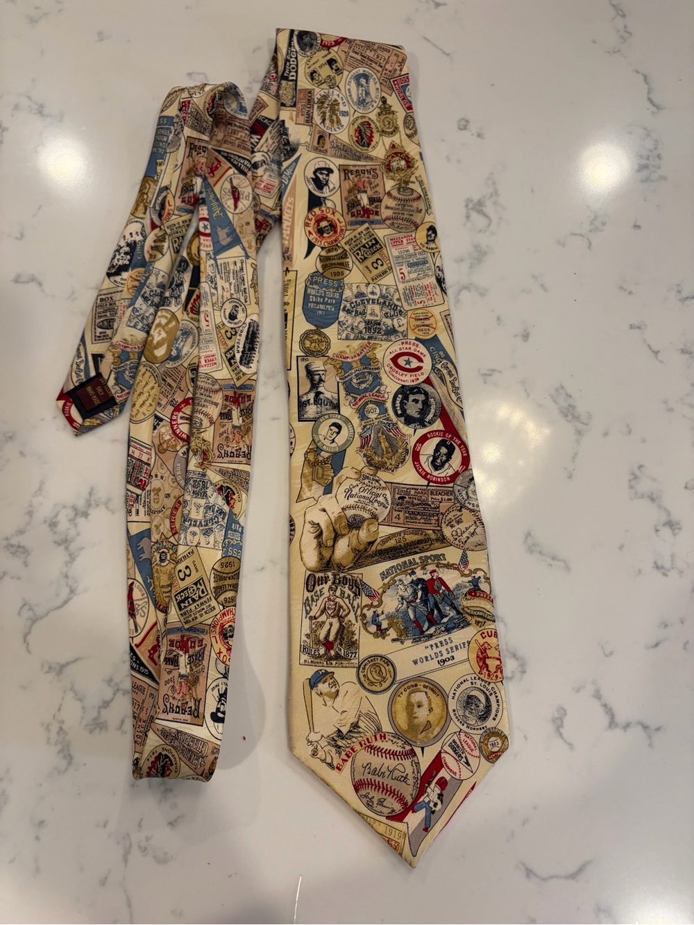 BASEBALL MUSEUM ARTIFACTS SILK Vintage-Inspired Beige Printed Tie